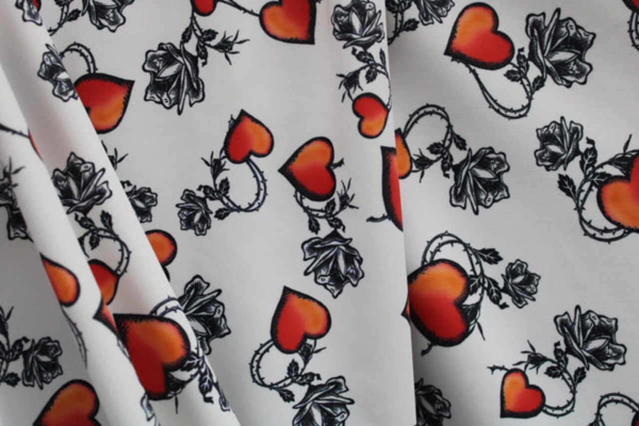 1 Yard White Tattoo Hearts Spandex Fabric Four Way Stretch Activewear Swimwear Costume Leggings Material 58/60 Inch Width